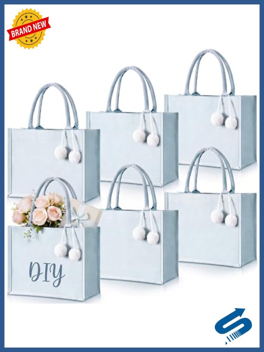 6 Pack Canvas Tote Bags with Pom Poms DIY Bridesmaid Wedding Gift Blank Bags